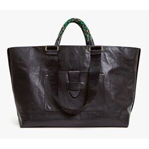 Black Leather Tote Bag with Braided Green Handle Clare V